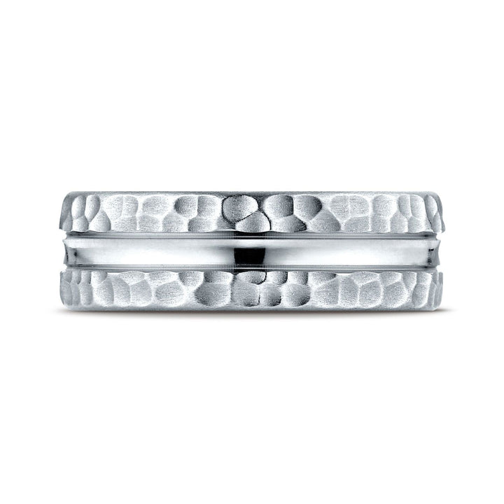 7.5mm Hammered Finish Carved Wedding Band, in Platinum | RockHer