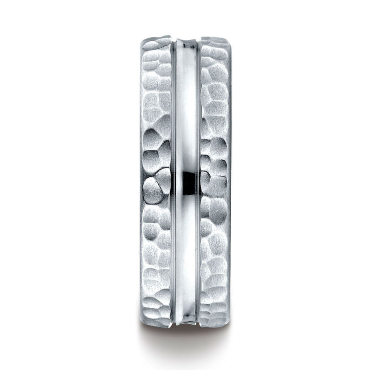 แหวนทองคำขาว 14k ขนาด 7.5 มม. แบบสวมใส่สบาย ดีไซน์ตัดตรงกลางลายค้อน