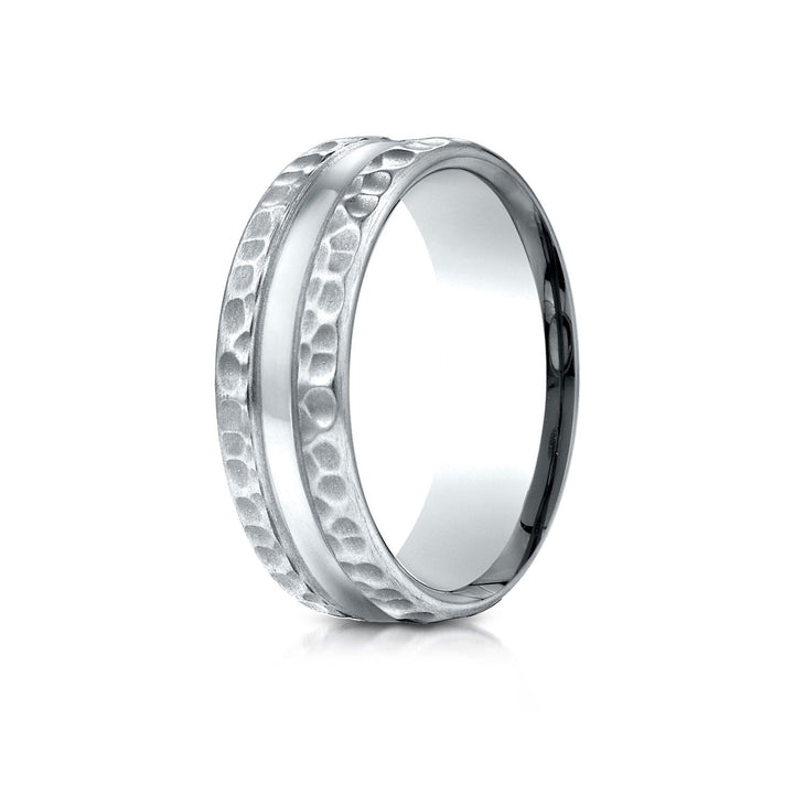 7.5mm Hammered Finish Carved Wedding Band, in 18K White Gold | RockHer