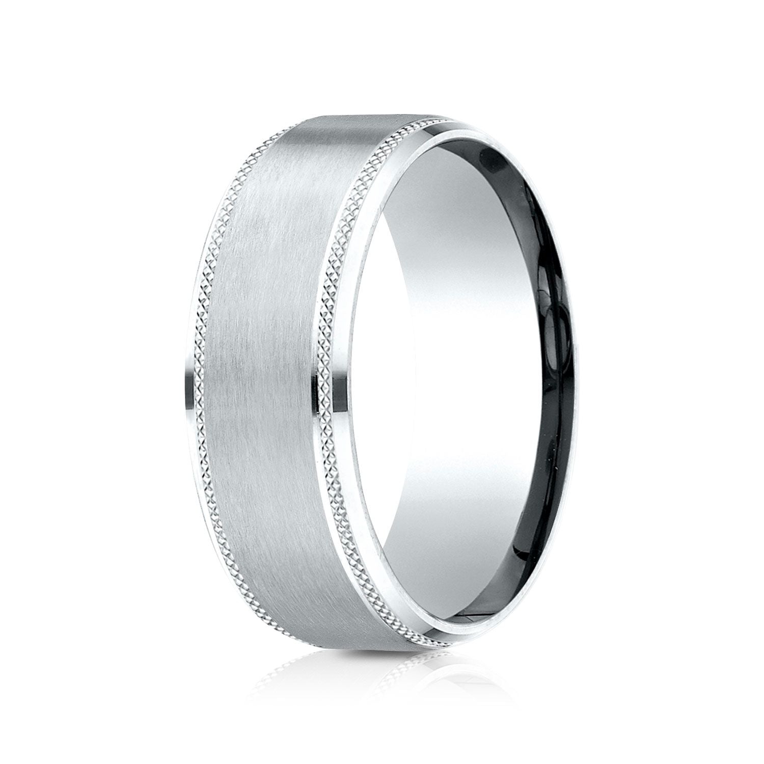 14k White Gold 8mm Comfort Fit Knurled Drop Bevel Satin Finish Design Band