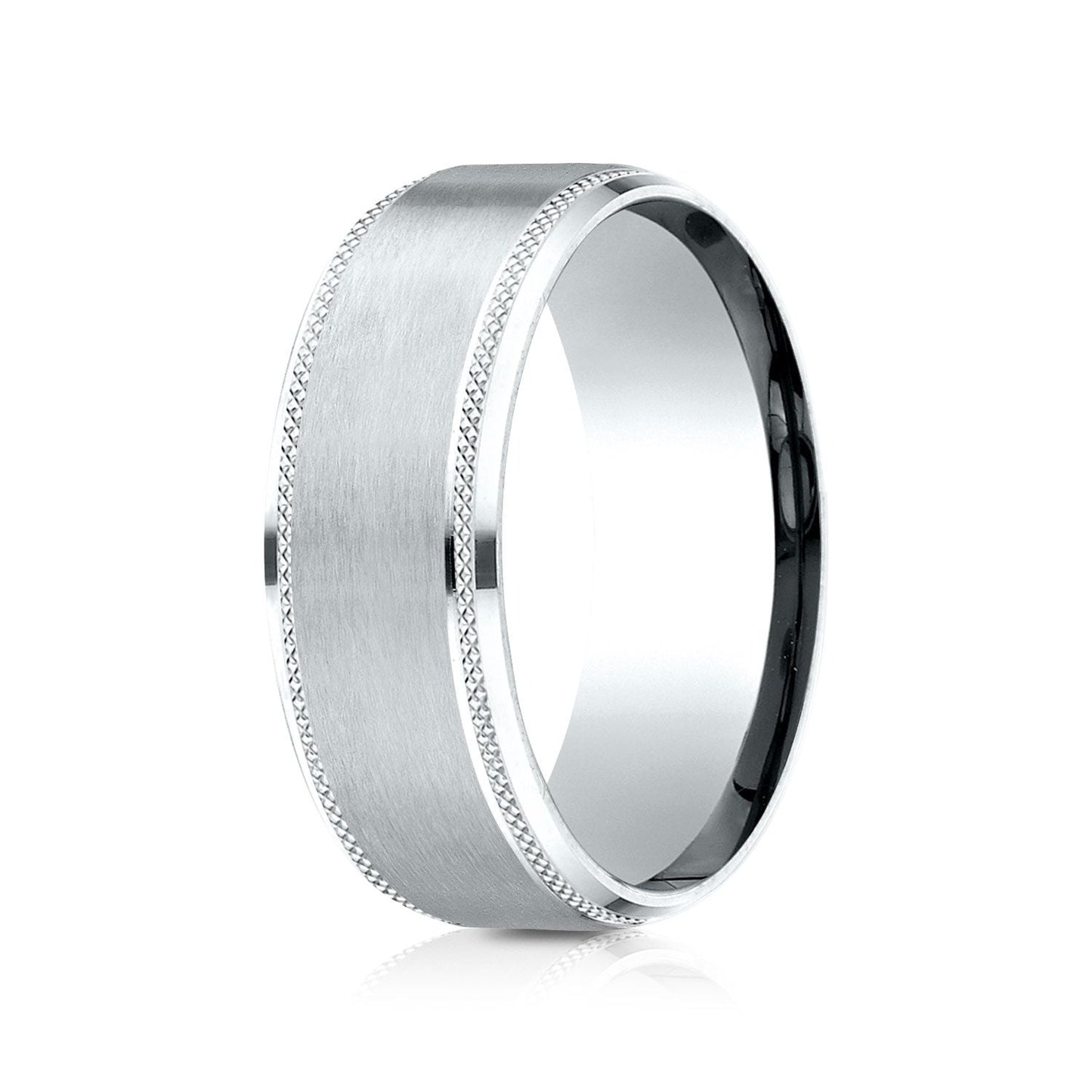 14k White Gold 8mm Comfort Fit Knurled Drop Bevel Satin Finish Design Band