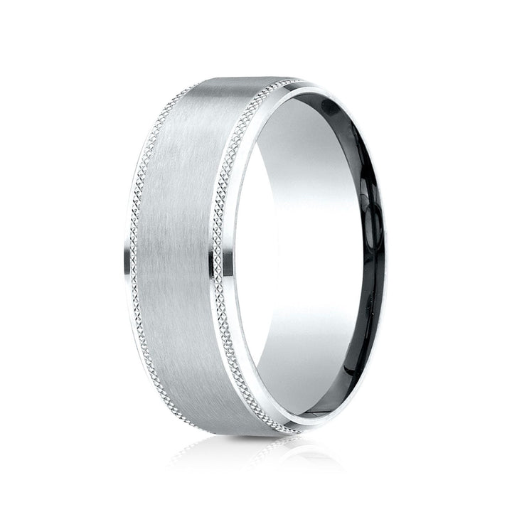 8mm Satin Finish Carved Wedding Band, in 18K White Gold | RockHer