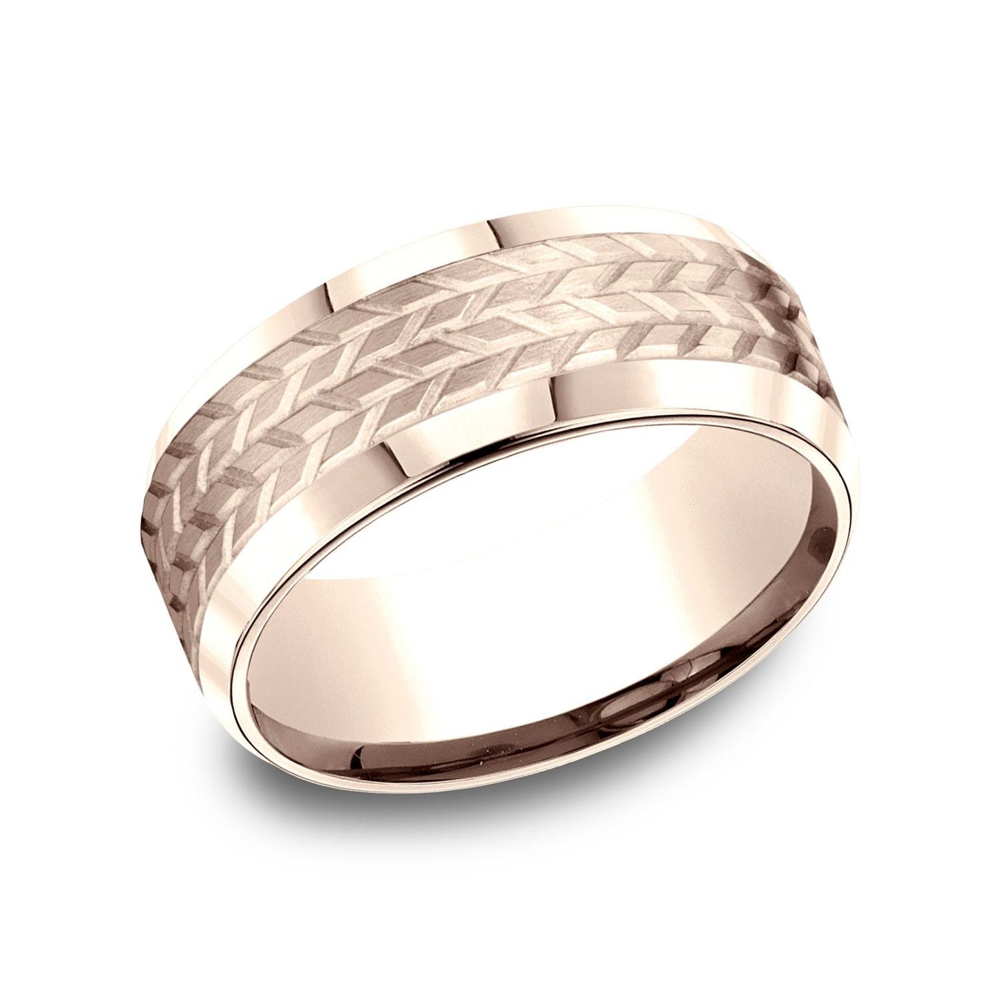 แหวนทองคำชมพู 14k ขนาด 8 มม. แบบสบายพอดี ขอบเฉียง ดีไซน์ลายเกลียว