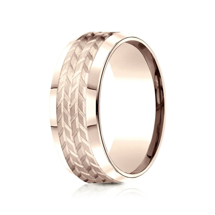 8mm Beveled Edge Treaded Carved Wedding Band, in 14K Rose Gold | RockHer