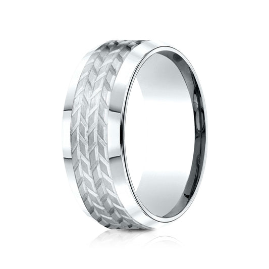 แหวนทองคำขาว 14k ขนาด 8 มม. แบบสวมใส่สบาย ขอบเอียง ดีไซน์ลายร่อง