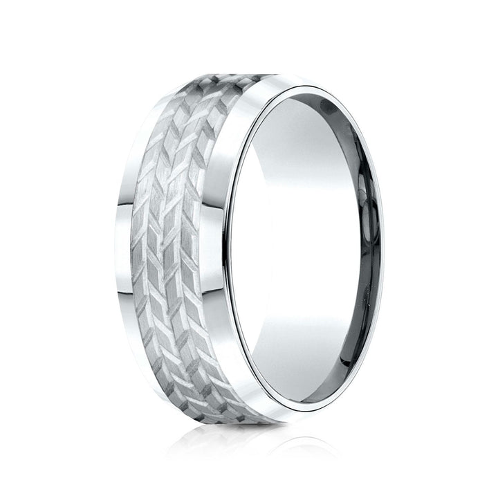 8mm Beveled Edge Treaded Carved Wedding Band, in 18K White Gold | RockHer