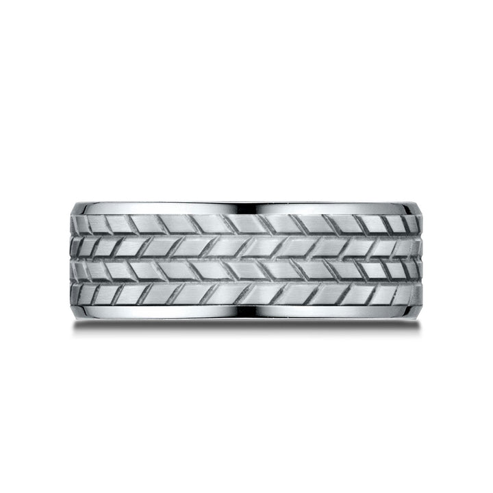 8mm Beveled Edge Treaded Carved Wedding Band, in Platinum | RockHer