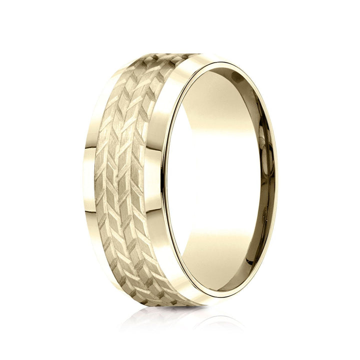 8mm Beveled Edge Treaded Carved Wedding Band, in 14K Yellow Gold | RockHer