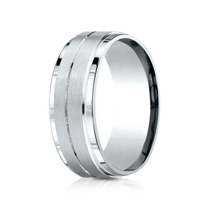 8mm Satin Finish Carved Wedding Band, in 18K White Gold | RockHer