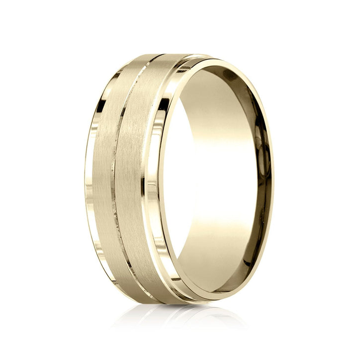8mm Satin Finish Carved Wedding Band, in 18K Yellow Gold | RockHer