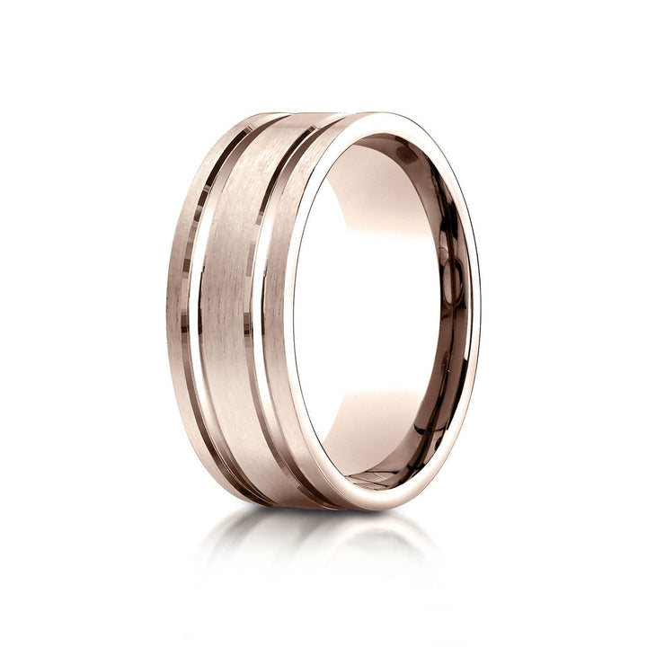 8mm Satin Finish Parallel Groove Carved Wedding Band, in 14K Rose Gold | RockHer