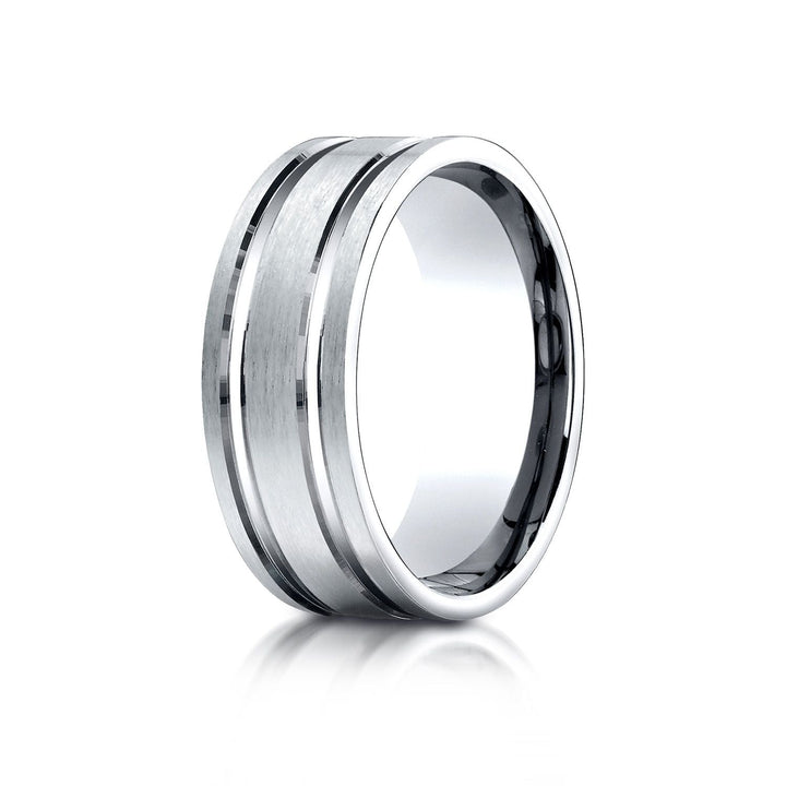 8mm Satin Finish Parallel Groove Carved Wedding Band, in 18K White Gold | RockHer