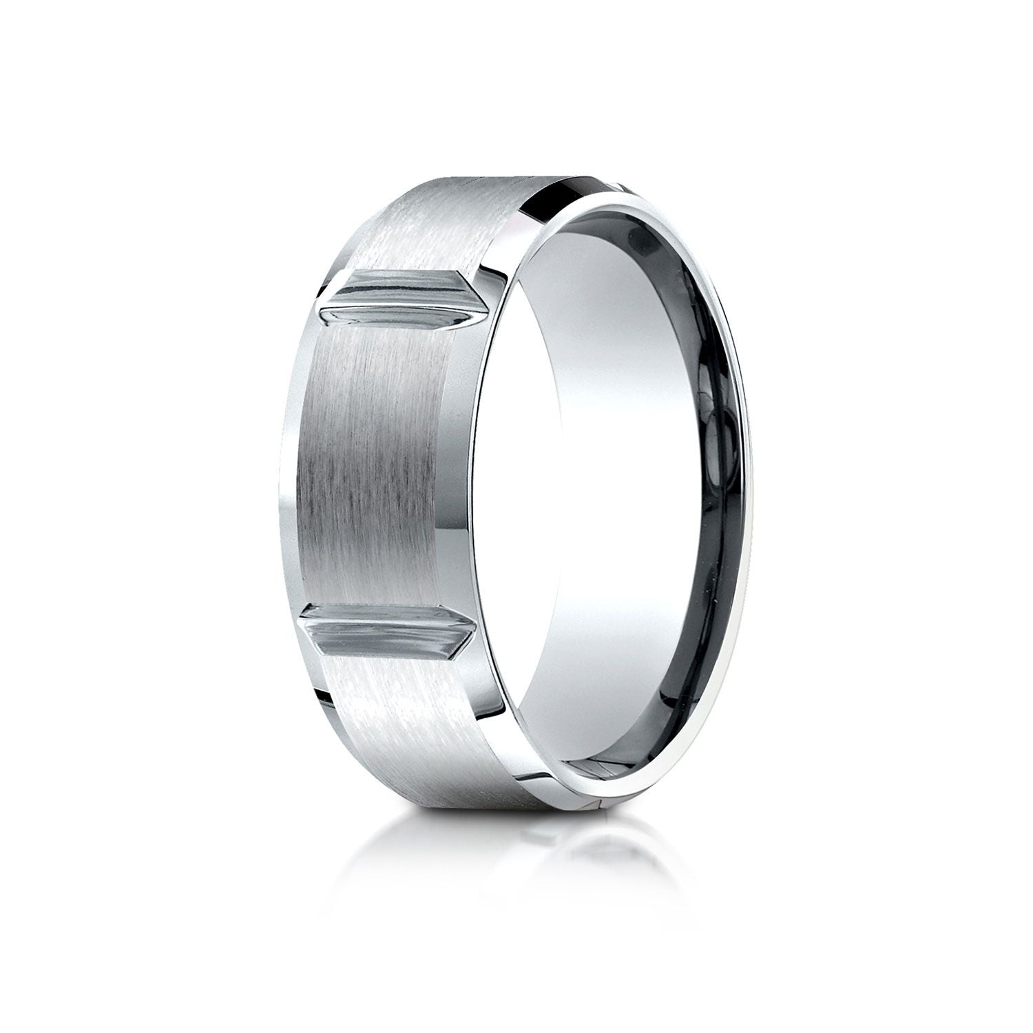 18k White Gold 8mm Comfort-fit Satin-finished Grooves Carved Design Band