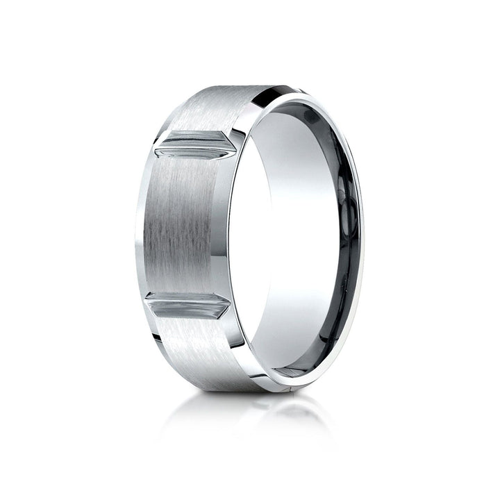 8mm Satin Finish Grooves Carved Wedding Band, in 18K White Gold | RockHer