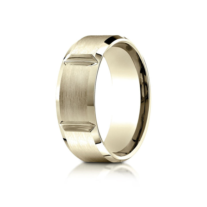 8mm Satin Finish Grooves Carved Wedding Band, in 18K Yellow Gold | RockHer