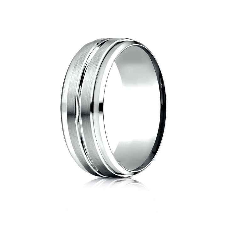 8mm Satin Finish High Polished Center Cut Carved Wedding Band, in 14K White Gold | RockHer