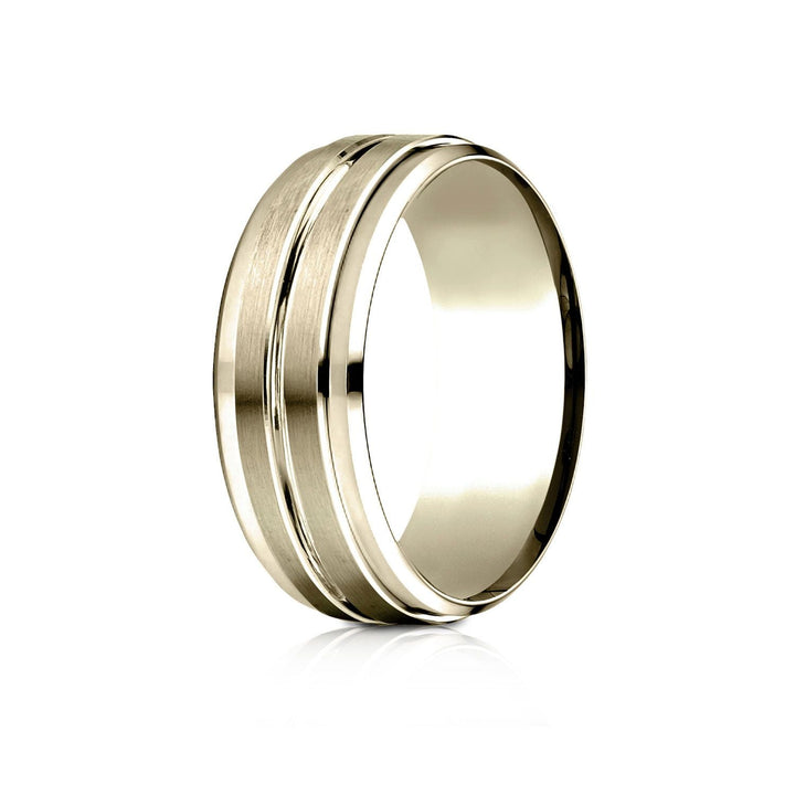 8mm Satin Finish High Polished Center Cut Carved Wedding Band, in 18K Yellow Gold | RockHer