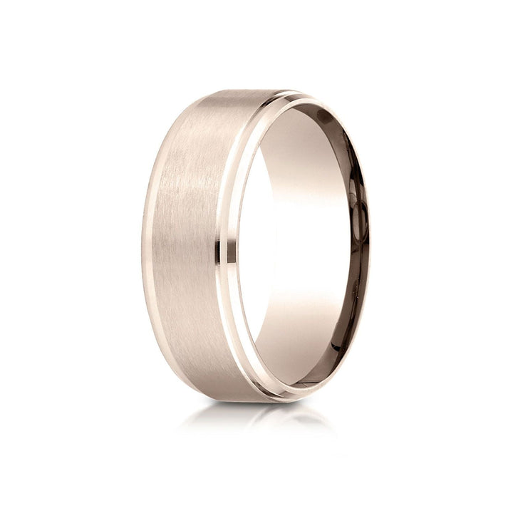 8mm Satin Finish High Polished Beveled Edge Carved Wedding Band, in 14K Rose Gold | RockHer