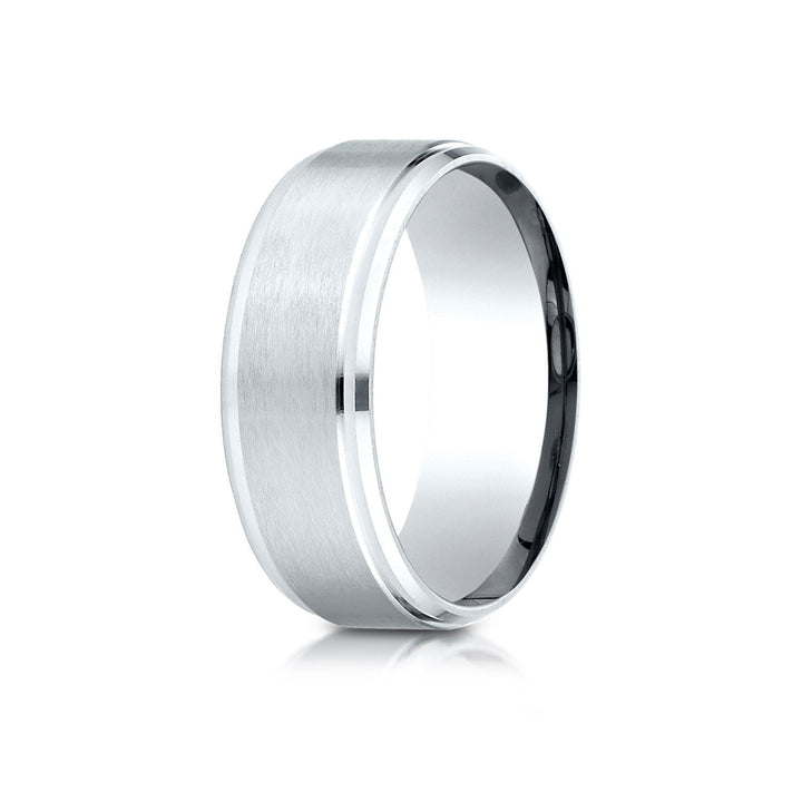 8mm Satin Finish High Polished Beveled Edge Carved Wedding Band, in 18K White Gold | RockHer