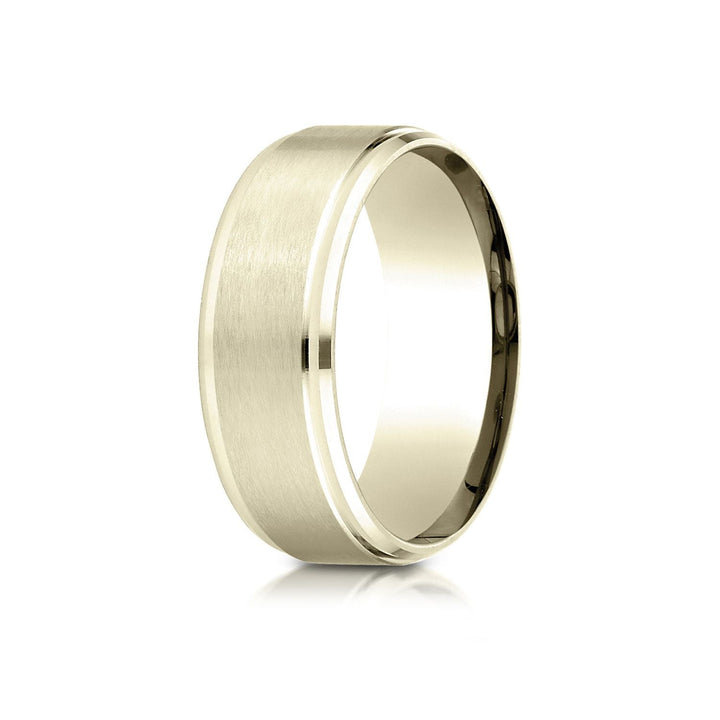 8mm Satin Finish High Polished Beveled Edge Carved Wedding Band, in 14K Yellow Gold | RockHer