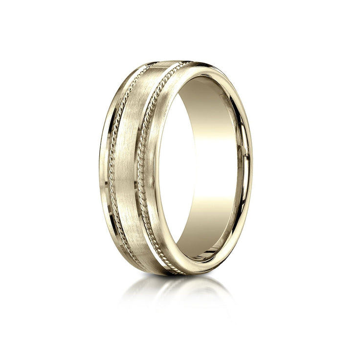 7.5mm Satin Finish Rope Carved Wedding Band, in 18K Yellow Gold | RockHer