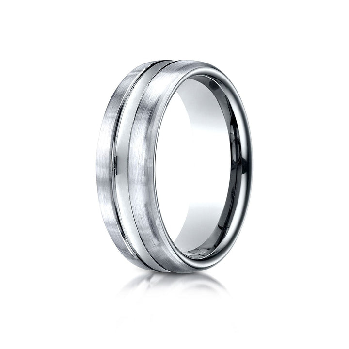 7.5mm Satin Finish High Polished Center Cut Carved Wedding Band, in 14K White Gold | RockHer