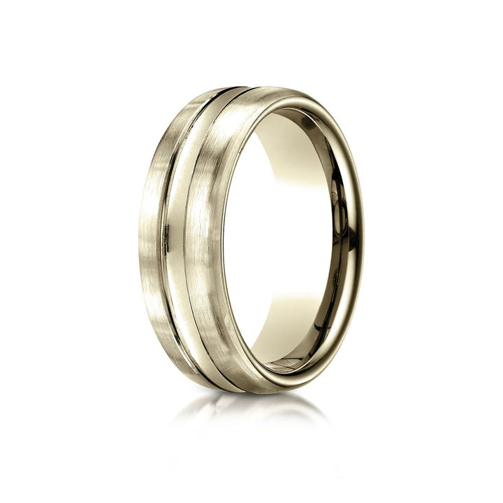 7.5mm Satin Finish High Polished Center Cut Carved Wedding Band, in 14K Yellow Gold | RockHer