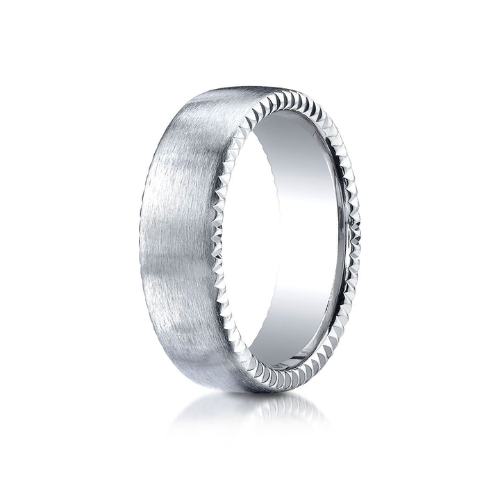 7.5mm Satin Finish Carved Wedding Band, in 18K White Gold | RockHer