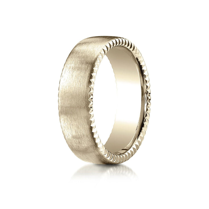 7.5mm Satin Finish Carved Wedding Band, in 18K Yellow Gold | RockHer
