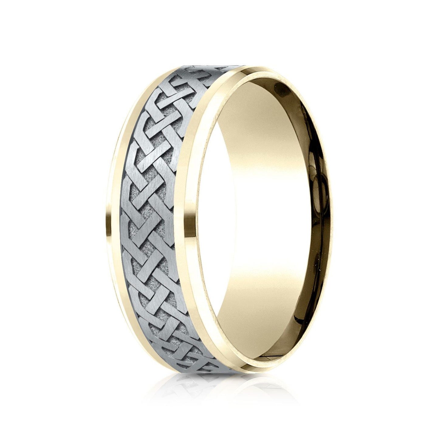 แหวนดีไซน์ปมเซลติกแบบสองโทน 14k ขนาด 8 มม. แบบสวมใส่สบาย ขอบหยัก