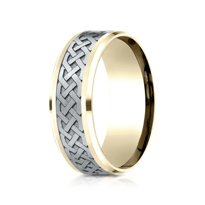 แหวนดีไซน์ปมเซลติกแบบสองโทน 14k ขนาด 8 มม. แบบสวมใส่สบาย ขอบหยัก