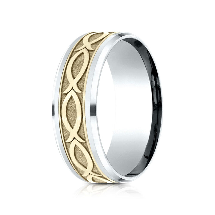 แหวนดีไซน์ Ichthys แบบสองโทน 14k ขนาด 8 มม. แบบหยดขอบเฉียง