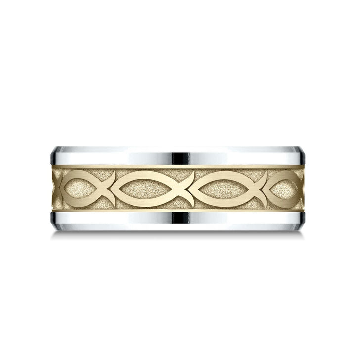 8mm Drop Bevel Ichthys Carved Wedding Band, in 14K White Gold | RockHer