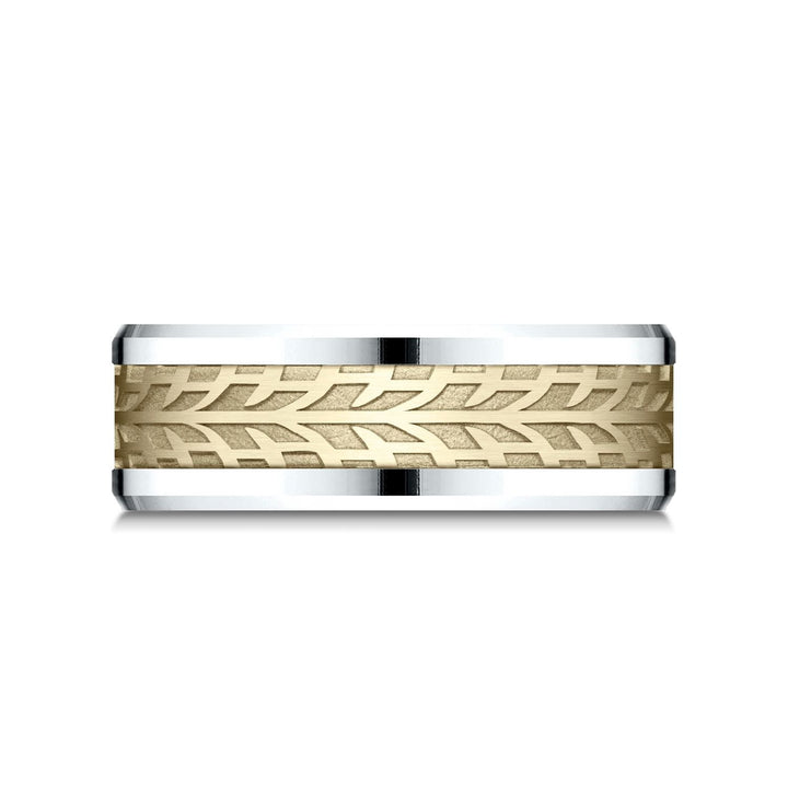8mm Drop Bevel Treaded Carved Wedding Band, in 14K White Gold | RockHer
