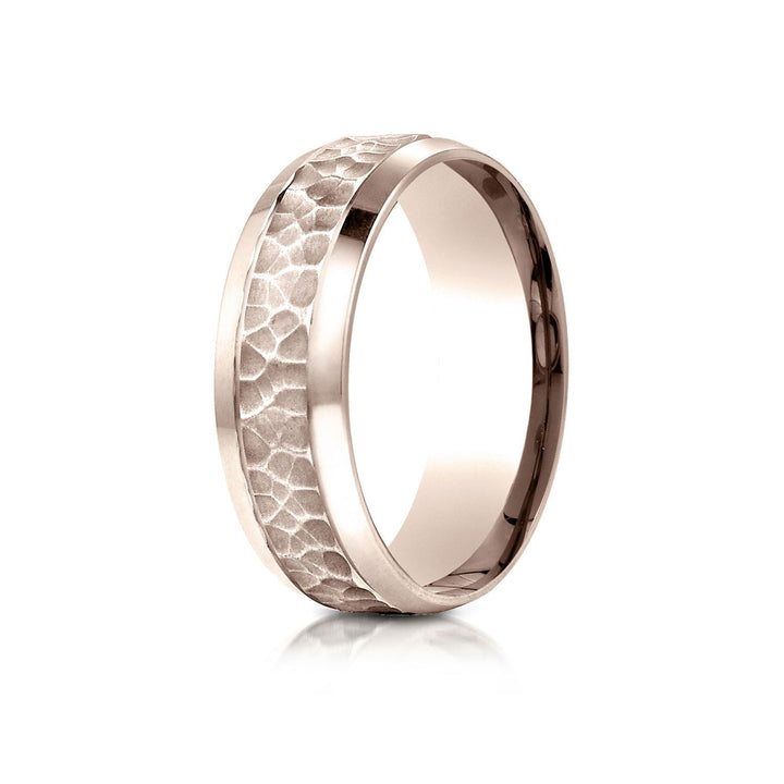 7.5mm Hammered Finish Beveled Edge Carved Wedding Band, in 14K Rose Gold | RockHer