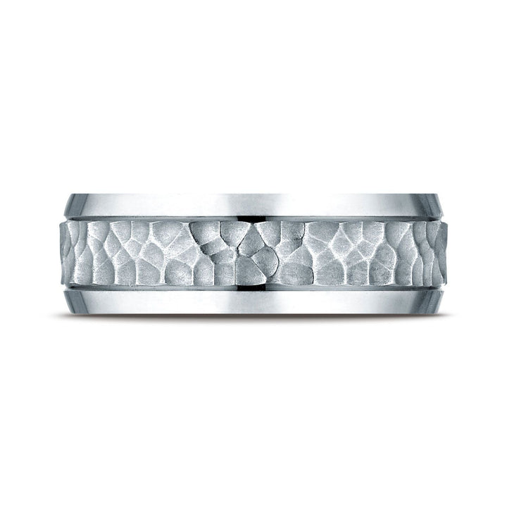 7.5mm Hammered Finish Beveled Edge Carved Wedding Band, in Platinum | RockHer