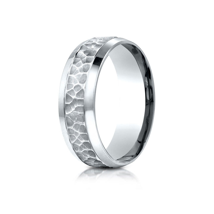 7.5mm Hammered Finish Beveled Edge Carved Wedding Band, in 14K White Gold | RockHer
