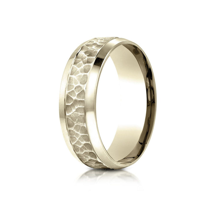 7.5mm Hammered Finish Beveled Edge Carved Wedding Band, in 14K Yellow Gold | RockHer