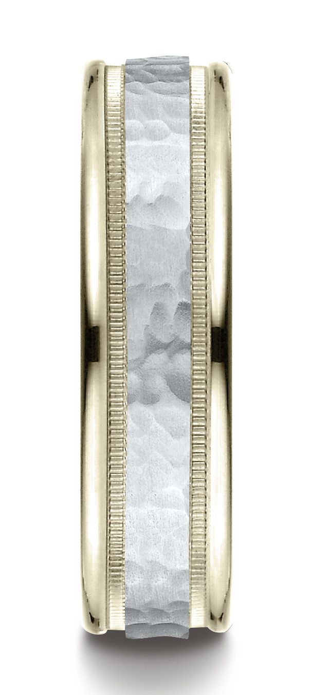 แหวนวงแบนดีไซน์แกะสลักมิลเกรนแบบสองโทน 14k ขนาด 6 มม. แบบสวมใส่สบาย ผิวเคาะลายค้อน