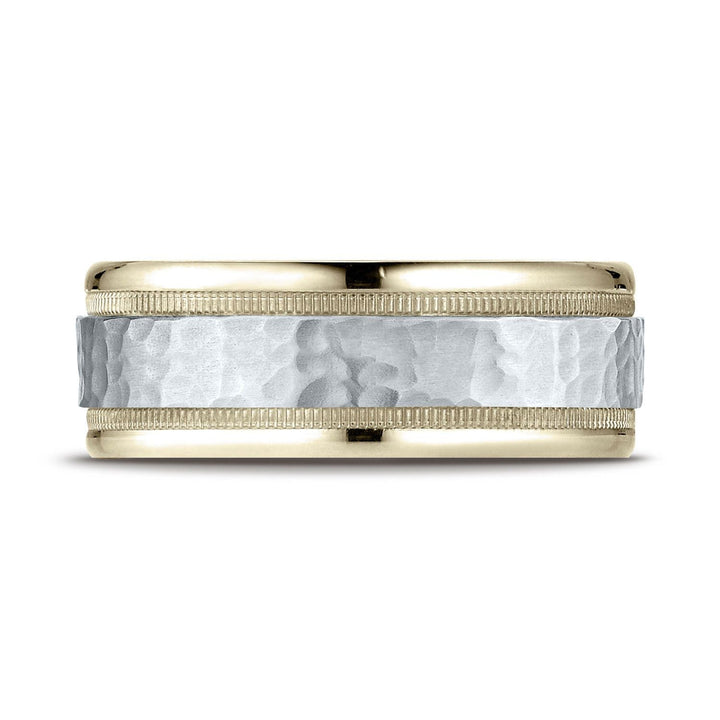 8mm Hammered Finish Milgrain Carved Wedding Band, in 14K White Gold | RockHer