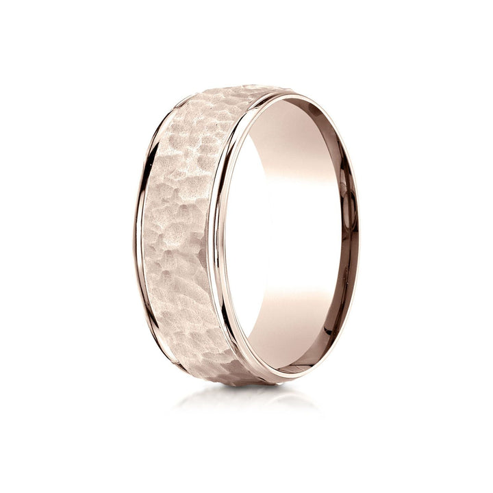 8mm Hammered Finish Carved Wedding Band, in 14K Rose Gold | RockHer