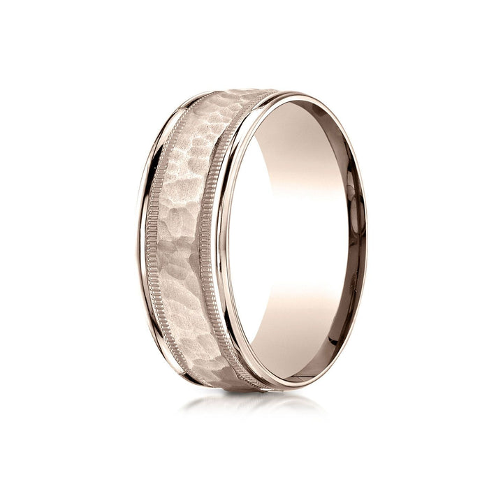 8mm Hammered Center High Polish Round Edge Carved Wedding Band, in 14K Rose Gold | RockHer
