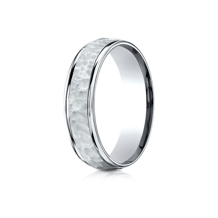 6mm Hammered Finish Carved Wedding Band, in 14K White Gold | RockHer