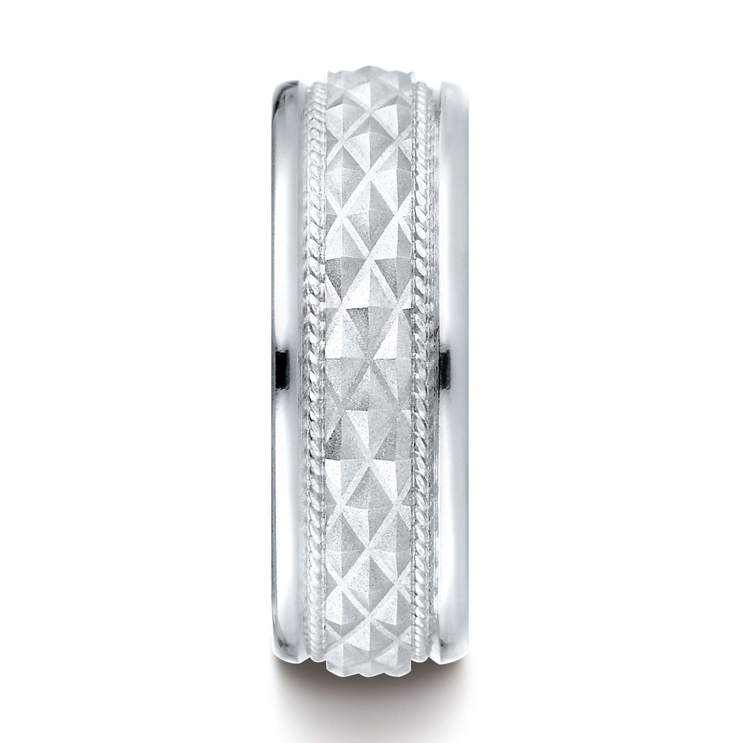 แหวนทองคำขาว 14k ขนาด 8 มม. แบบสวมใส่สบาย ขอบกลม ลายตารางไขว้