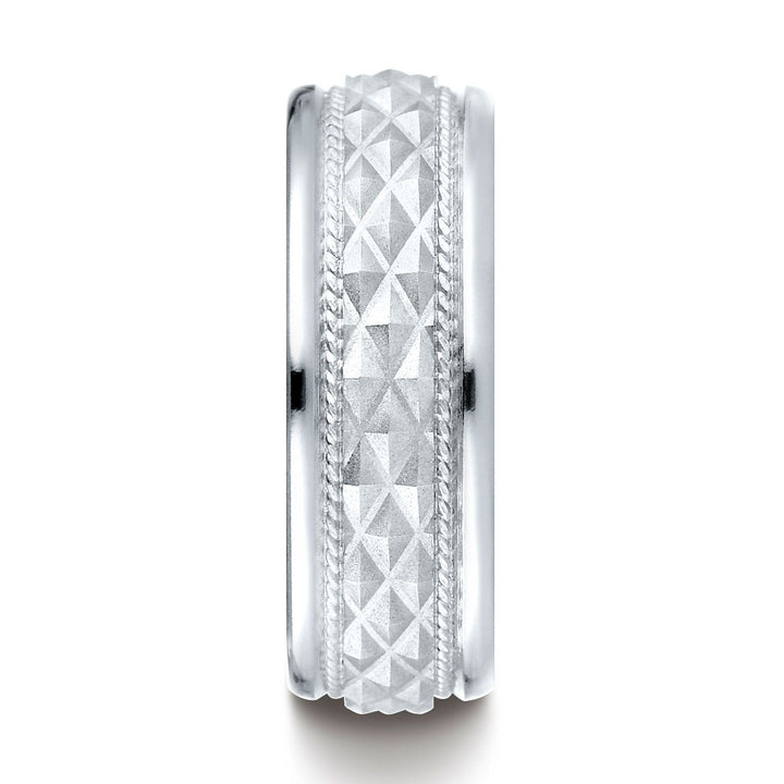 แหวนทองคำขาว 14k ขนาด 8 มม. แบบสวมใส่สบาย ขอบกลม ลายตารางไขว้