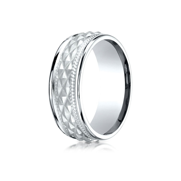 8mm High Polish Cross Hatch Center Carved Wedding Band, in 14K White Gold | RockHer