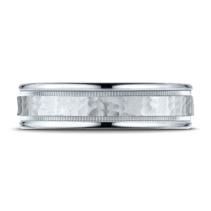 8mm Hammered Center High Polish Round Edge Carved Wedding Band, in Platinum | RockHer