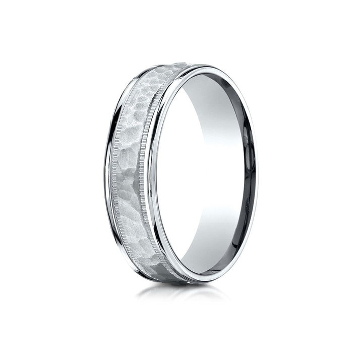 6mm Hammered Center High Polish Round Edge Carved Wedding Band, in 14K White Gold | RockHer