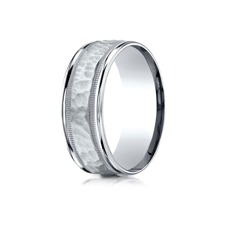 8mm Hammered Center High Polish Round Edge Carved Wedding Band, in 18K White Gold | RockHer