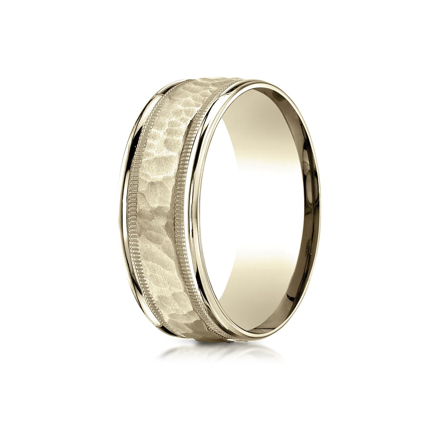 18 Karat Yellow Gold 8mm Comfort-fit Hammered Center High Polish Round Edge Carved Design Band